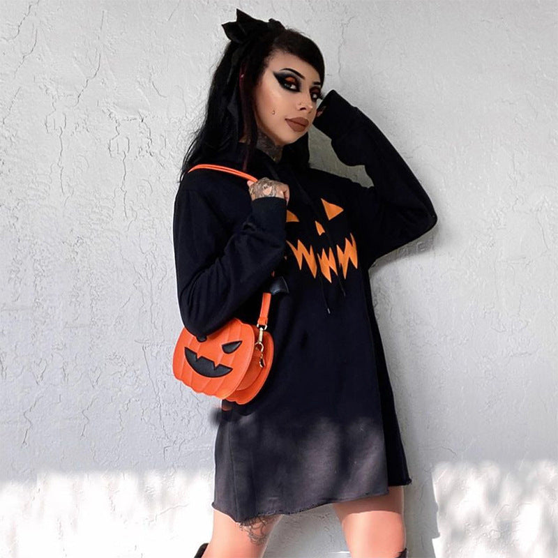 Halloween Costume Pumpkin Print Long Sleeve Hoodie Dress | Indoor Decorations | Costumes - Decorations