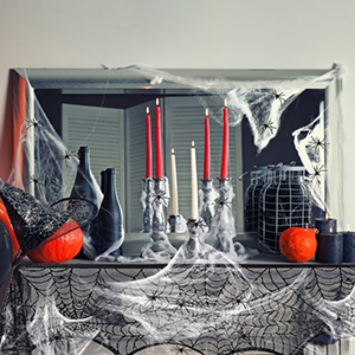Spider Web Halloween Fireplace Cover with 30 Spiders