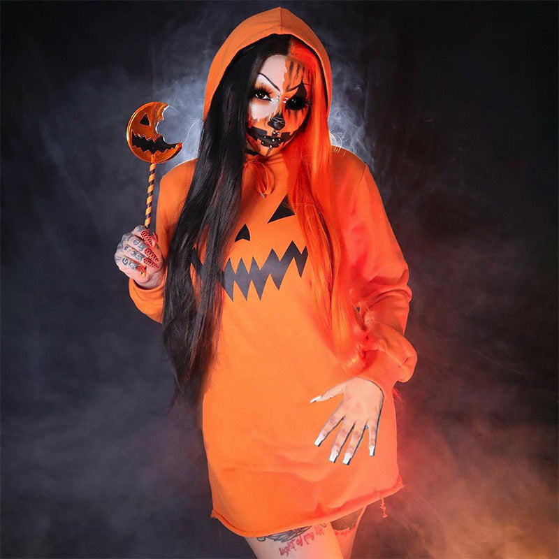 Halloween Costume Pumpkin Print Long Sleeve Hoodie Dress | Indoor Decorations | Costumes - Decorations