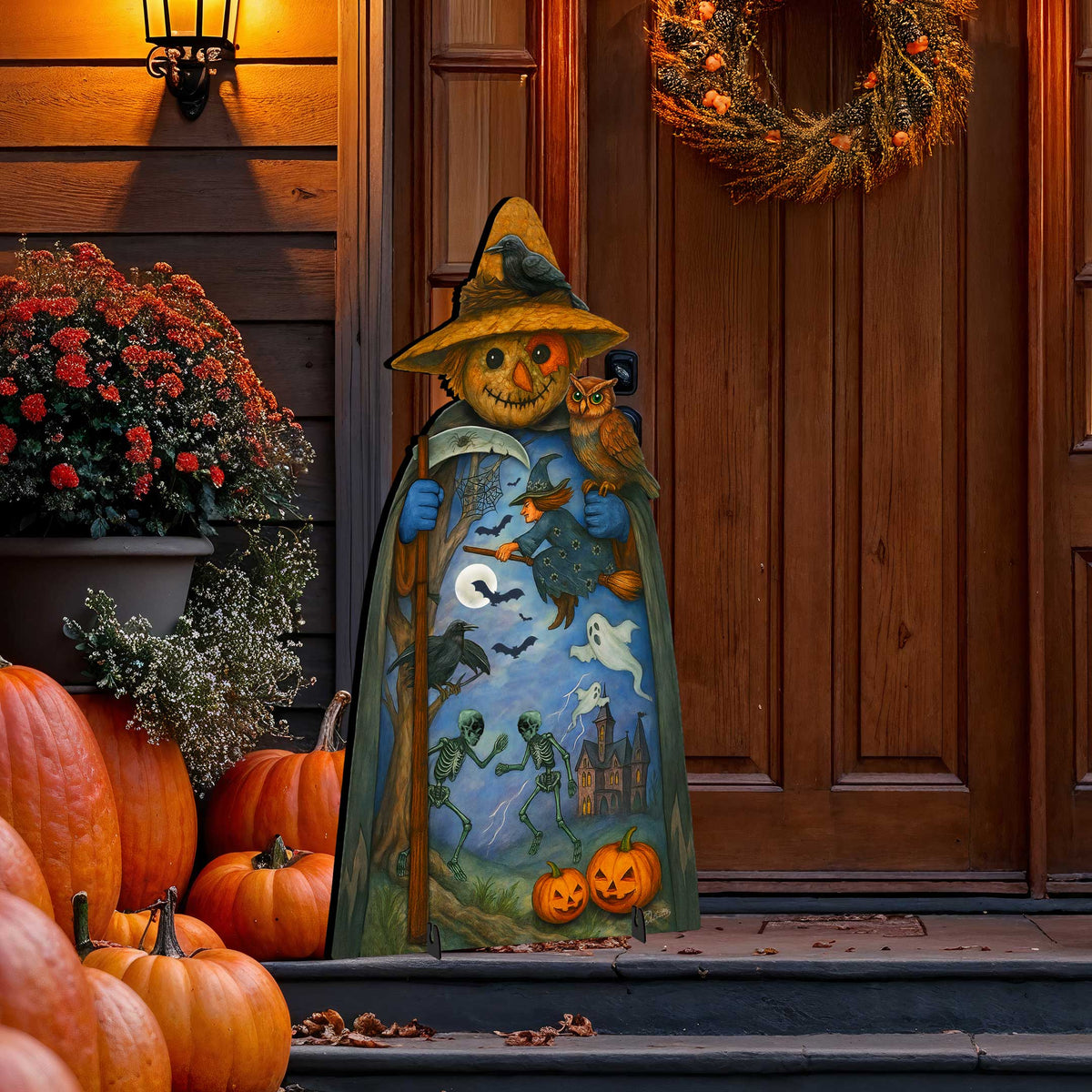Halloween Scarecrow Freestanding Outdoor Décor – Handcrafted Wooden Yard Display by G. DeBrekht – 8652835F