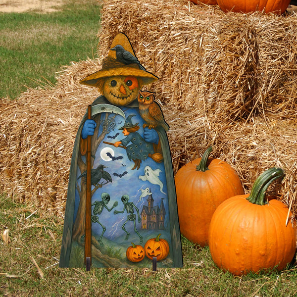 Halloween Scarecrow Freestanding Outdoor Décor – Handcrafted Wooden Yard Display by G. DeBrekht – 8652835F