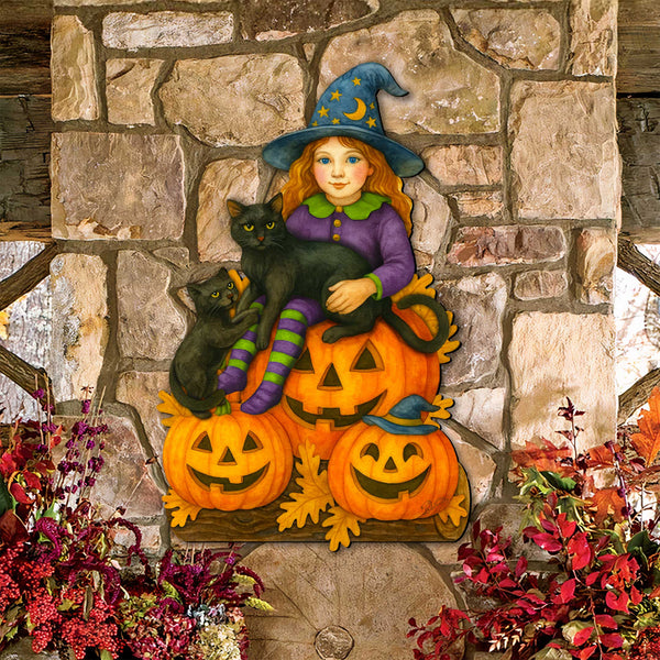 Halloween Witch with Black Cats Door Hanger – Handcrafted Wooden Door Décor by G. DeBrekht – 8652838H