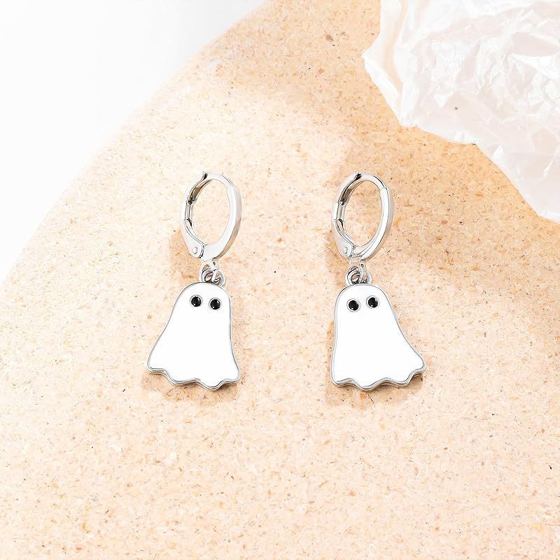 Halloween Ghost Earrings for Women's Gold Ghost Huggie Hoop - Discount Halloween City