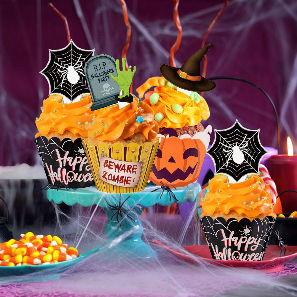 48 Pcs Halloween Cupcake Decoration Set Zombie Hand Witch - Discount Halloween City