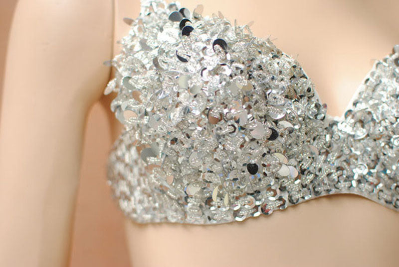 Halloween Costume Sequin Skirt Belly Dance Suit - Silver / M