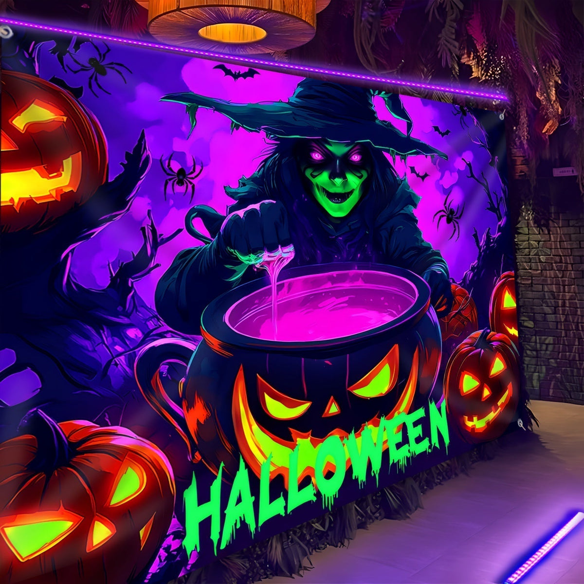 Witch and Pumpkin Glow-in-the-Dark Halloween Tapestry