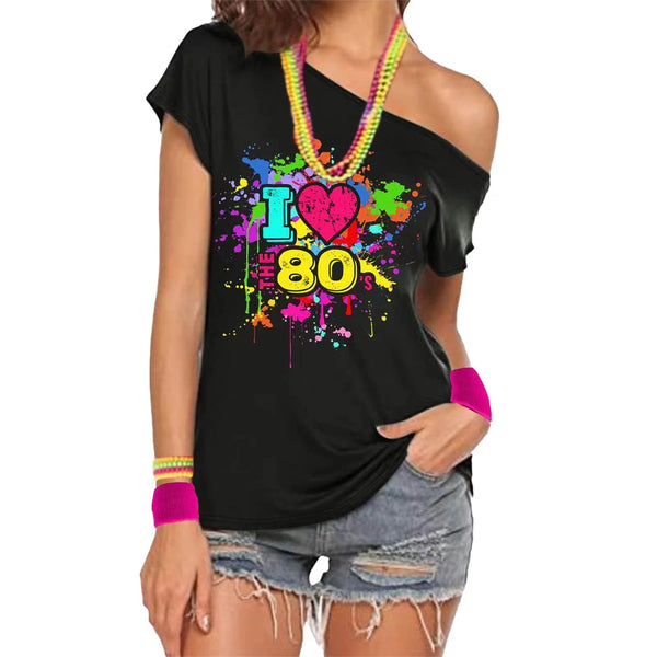 80s Costume Outfit for Woman Love off the Shoulder T Shirts Novelty Top Clothes for Costume - product image 1