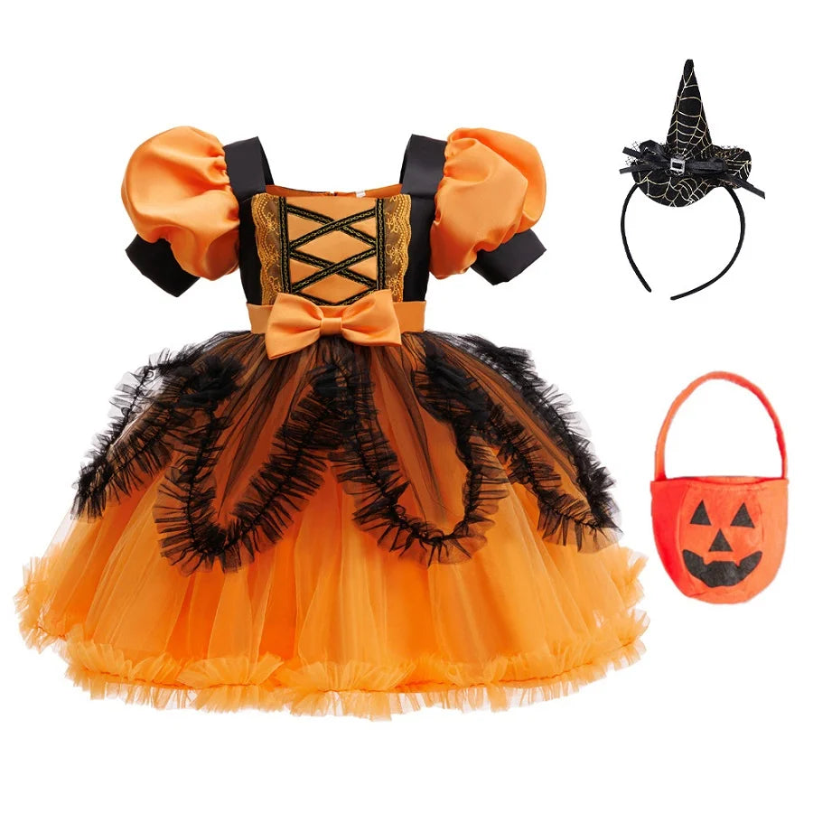 Girls Witch Halloween Dress with Pumpkin Bag
