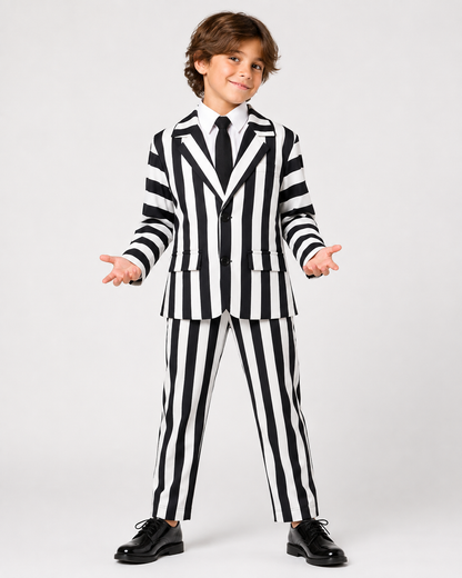 Dashing Suit Cosplay Costume Boys Girls Black and White Striped Coat+Pants Halloween Carnival Dress Up Party Costume Scary Ghost