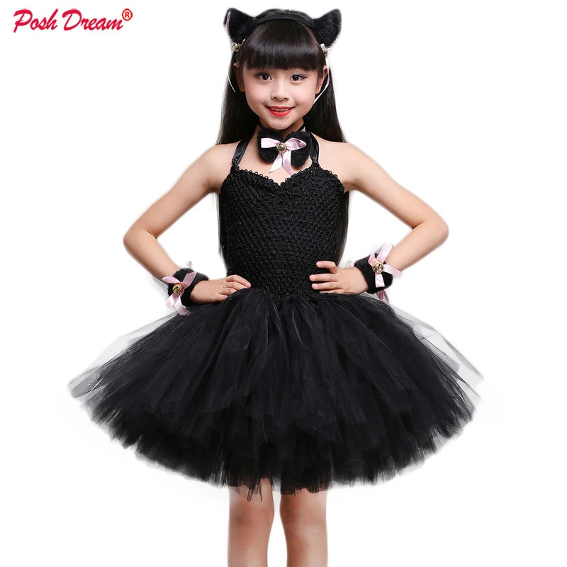 Girls Black Cat Tutu Halloween Costume Dress