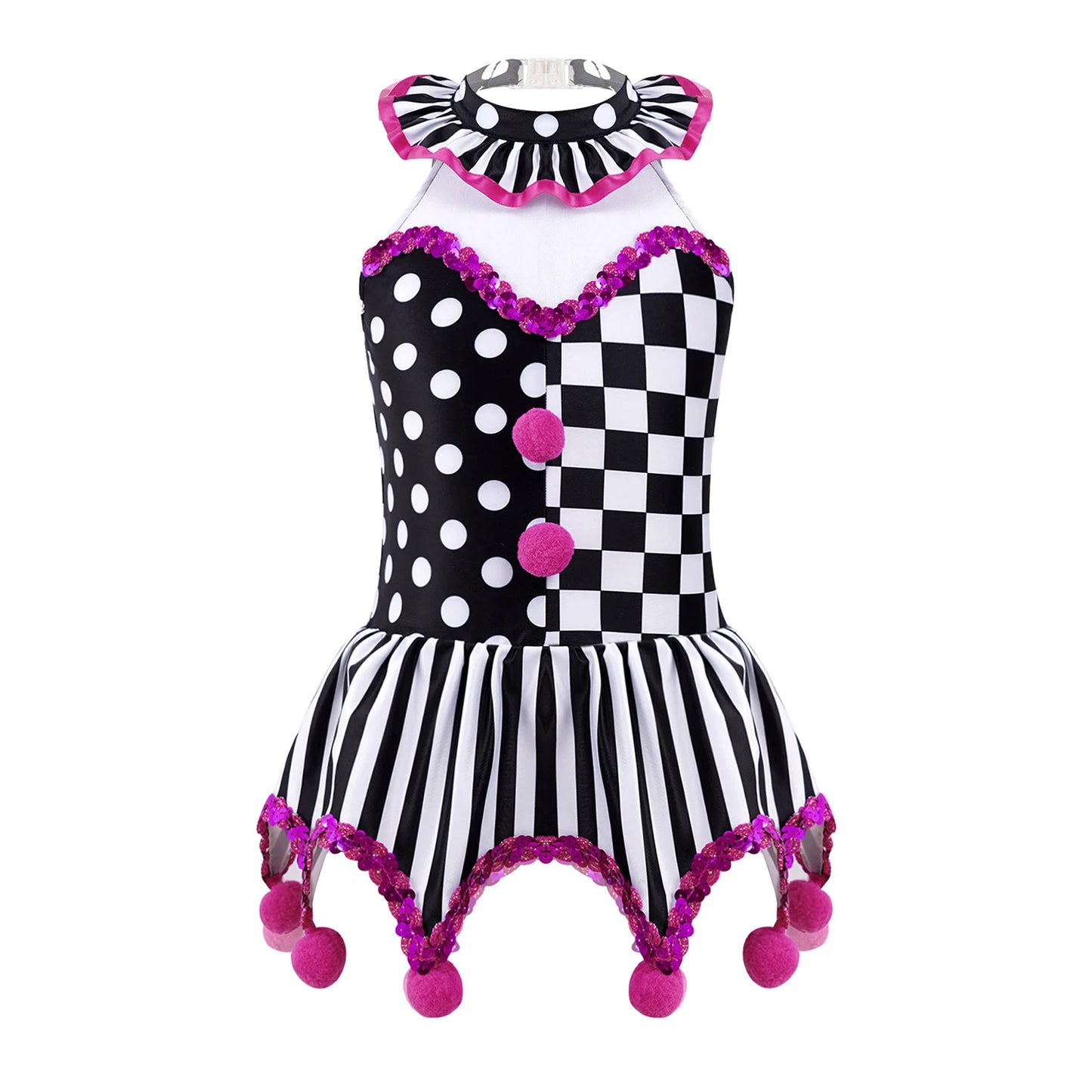 Kids' Girls Clown Jester Circus Halter Neck Checkerboard Sequins Tutu Costume - alternate view 8