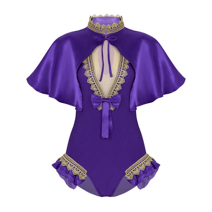 2Pcs Women Showman Costume Halloween Outfit Shiny Satin Cape Top+Sleeveless High Cut - Purple / 3XL