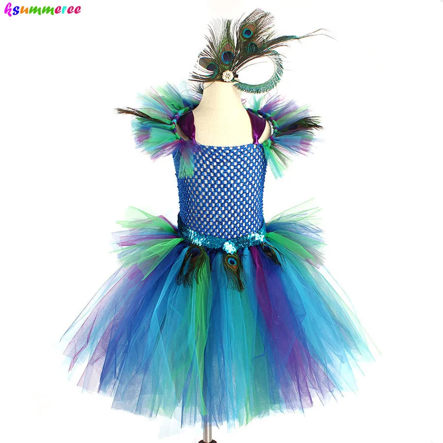 Girls Peacock Tutu Halloween Costume with Feather Clip