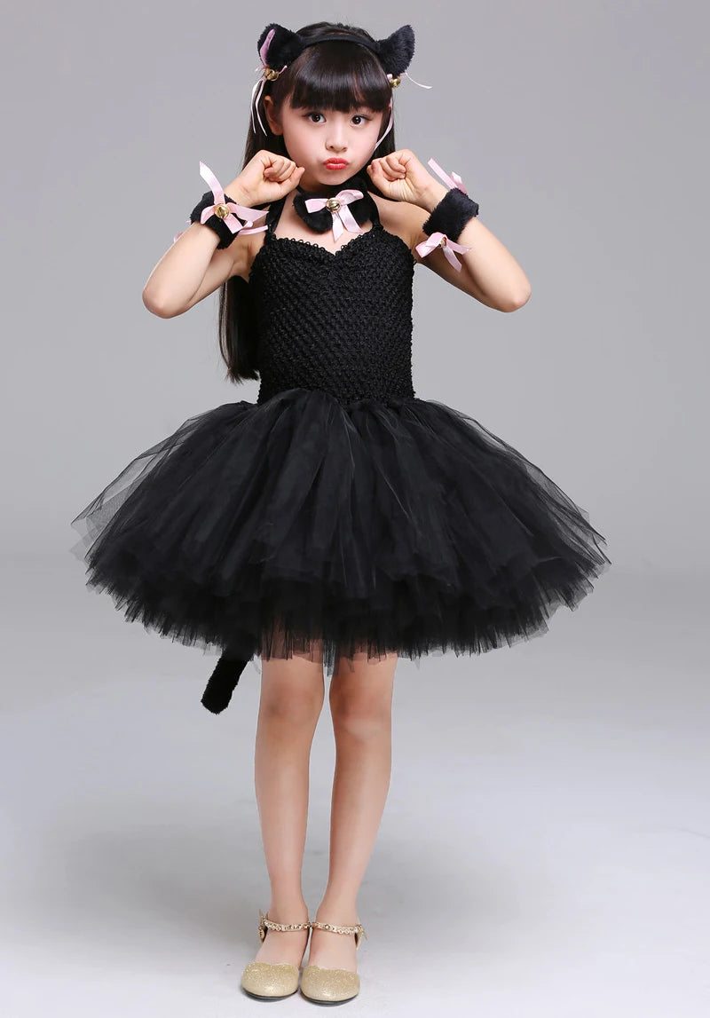 Girls Black Cat Tutu Halloween Costume Dress
