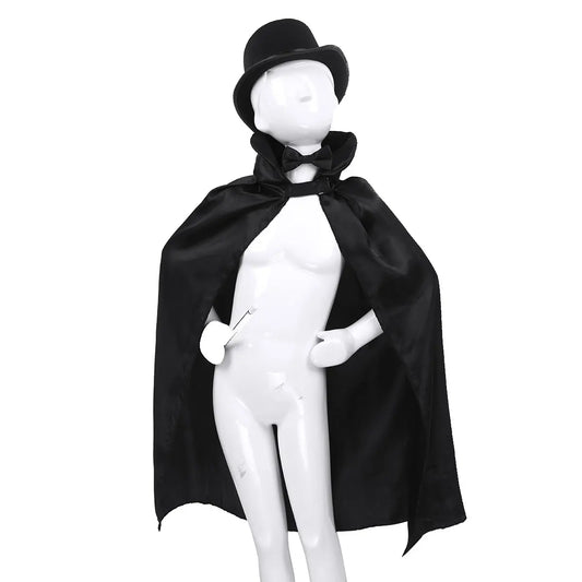 Kids Chidlren Magician Costume Boy Girl Cloak Sorcerer Cloak Magic Wand Bowler Hat Outfit - Black