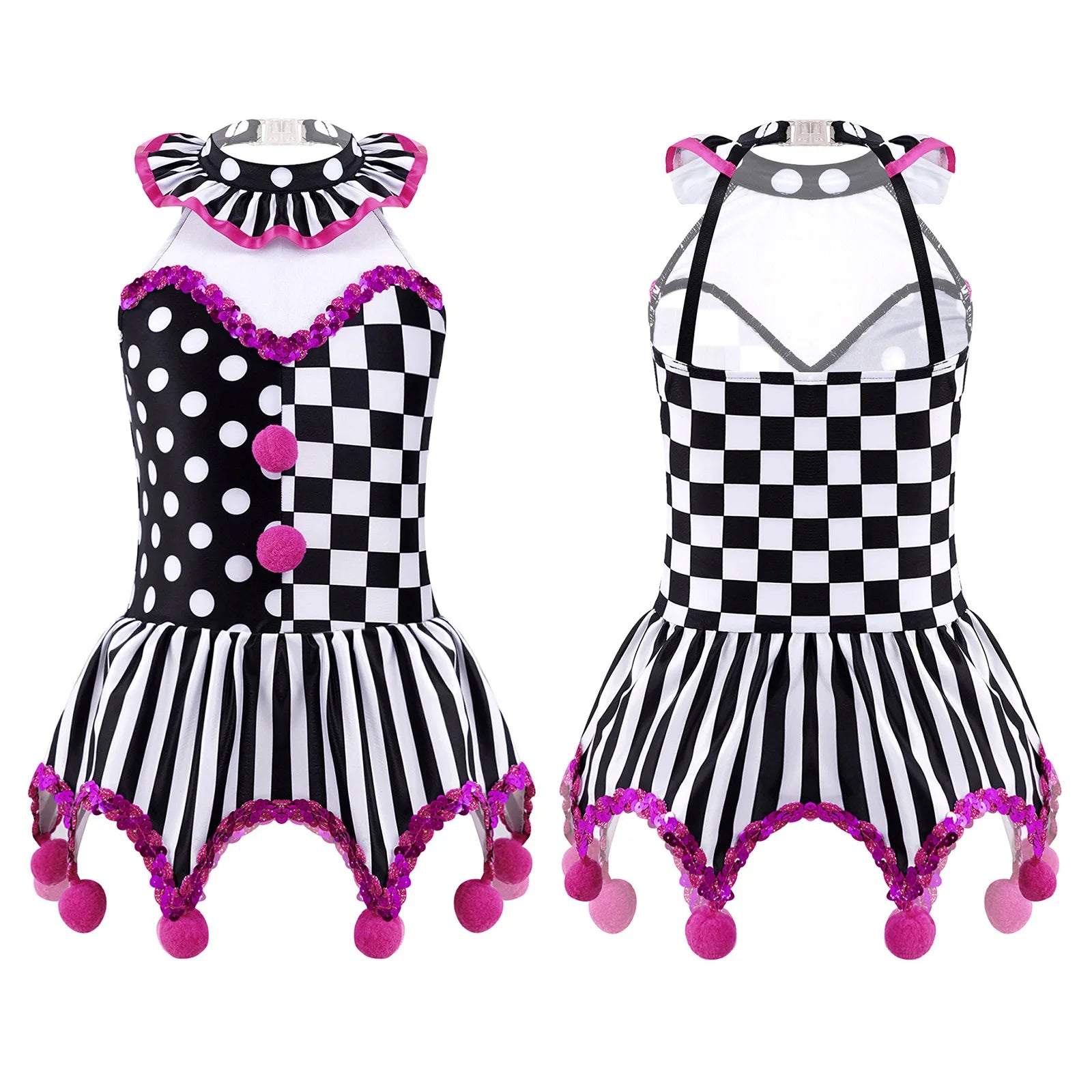 Girls Circus Clown Performance Costume Halloween Plaid Halter Sleeveless Dance Leotard - 14 / Black Rose