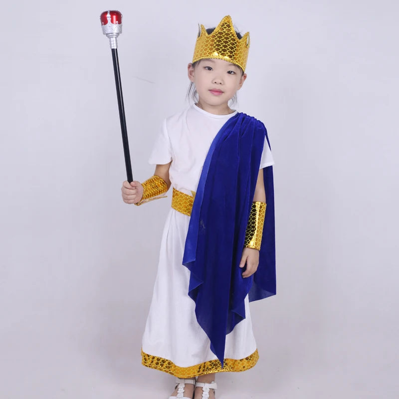 Blue White Greek God Costume Kids Halloween Costume Outfit Sea King Roman Mythology Prince - picture color / XL