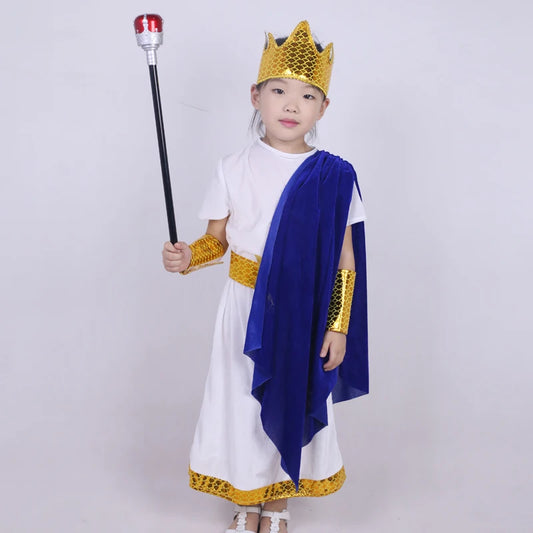 Blue White Greek God Costume Kids Halloween Costume Outfit Sea King Roman Mythology Prince - picture color / XL