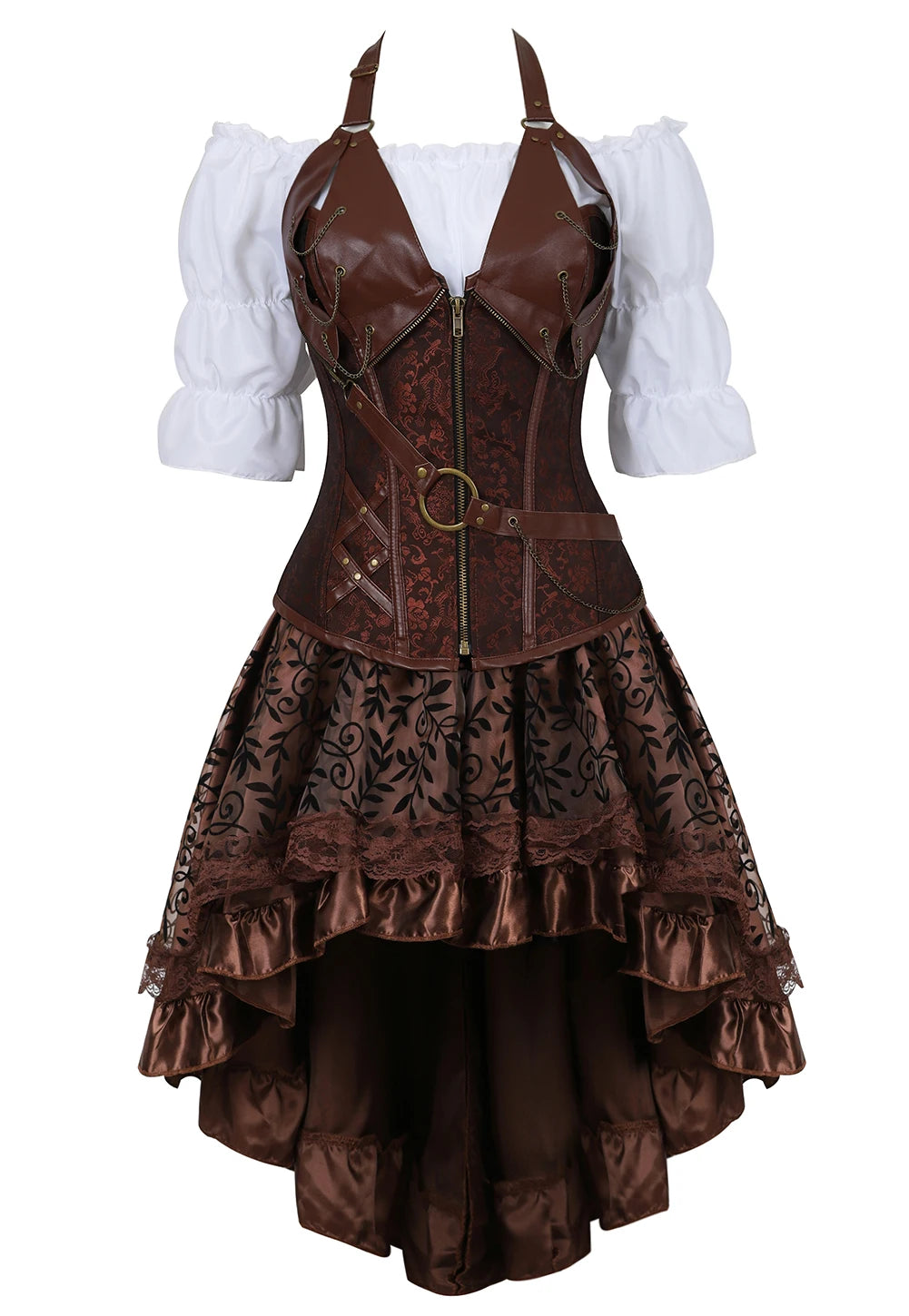 Steampunk Corset Dress Brown Pirate Costume Woman Skirt Plus Size Gothic Underbust