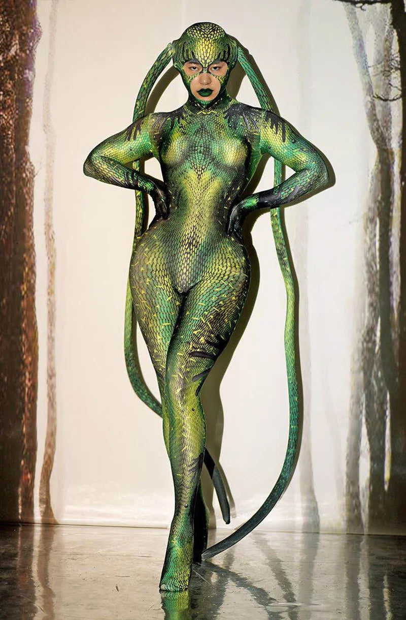 Halloween Rave Stage Green Bodysuit Snake Spandex Stretch Skinny Jumpsuit Men Women - View 6