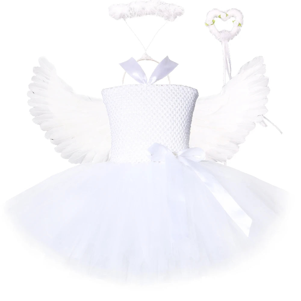 White Angel Costumes for Girls Princess Fairy Tutu Dress with Feather Wings Outfit