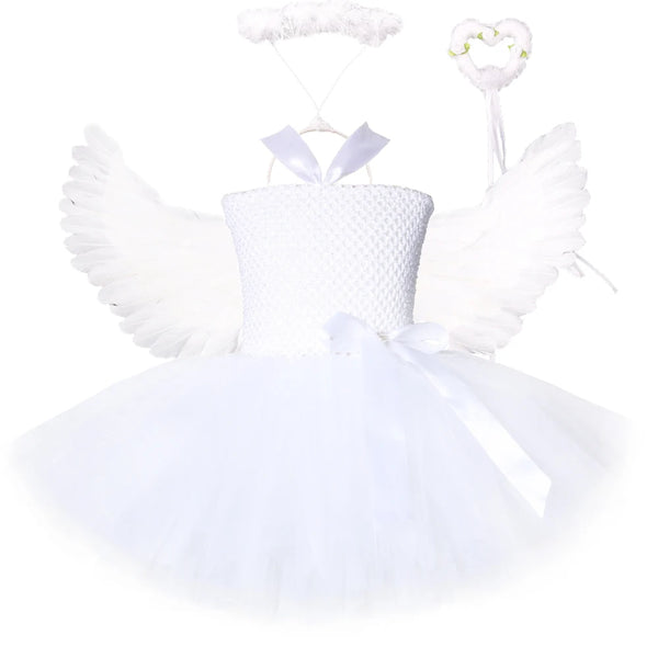 White Angel Costumes for Girls Princess Fairy Tutu Dress with Feather Wings Outfit