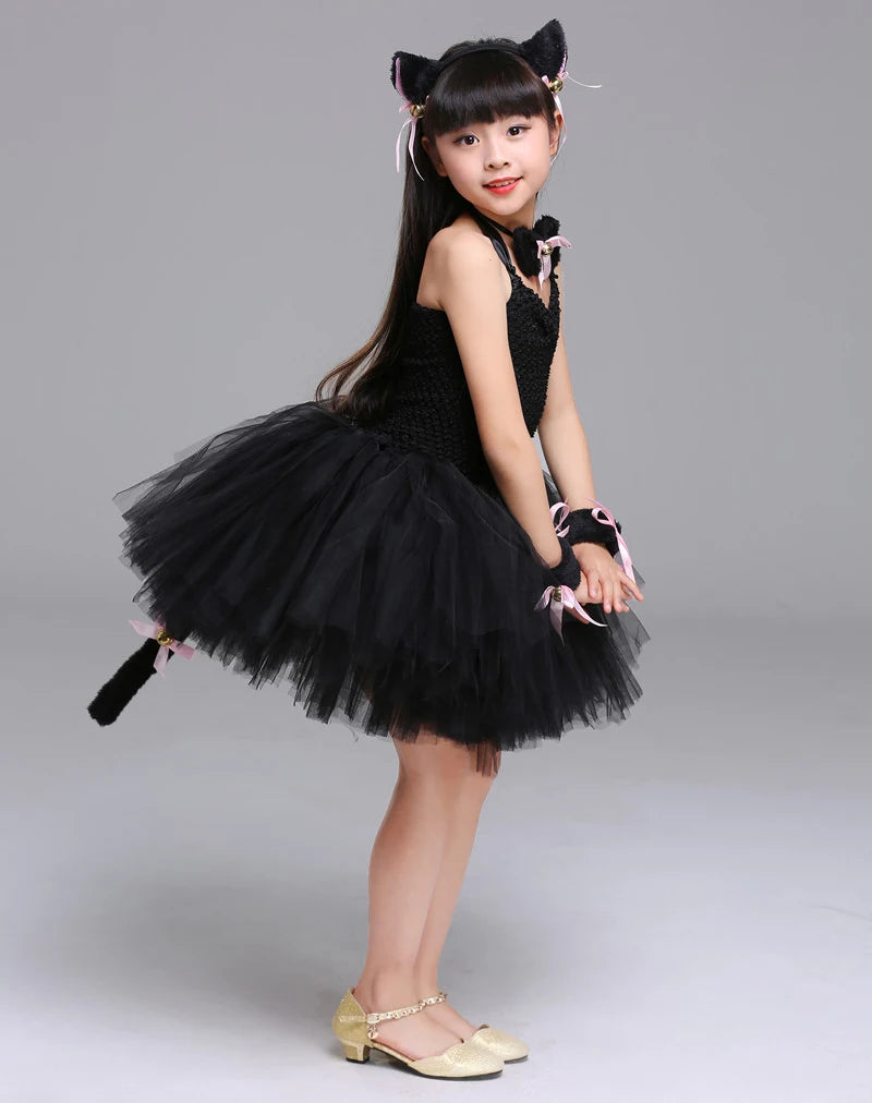 Girls Black Cat Tutu Halloween Costume Dress