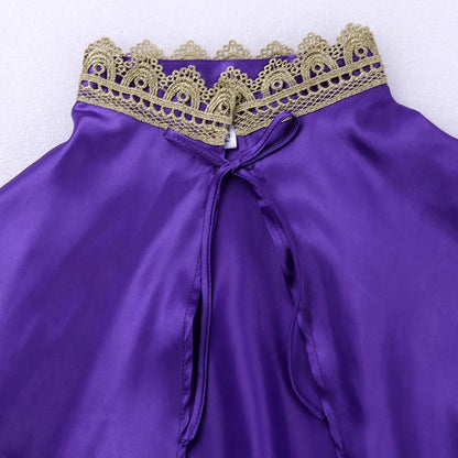 2Pcs Women Showman Costume Halloween Outfit Shiny Satin Cape Top+Sleeveless High Cut - Purple / XL