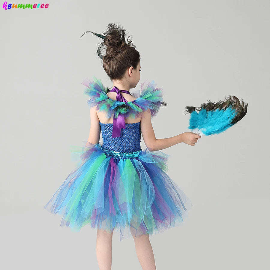 Girls Peacock Tutu Halloween Costume with Feather Clip