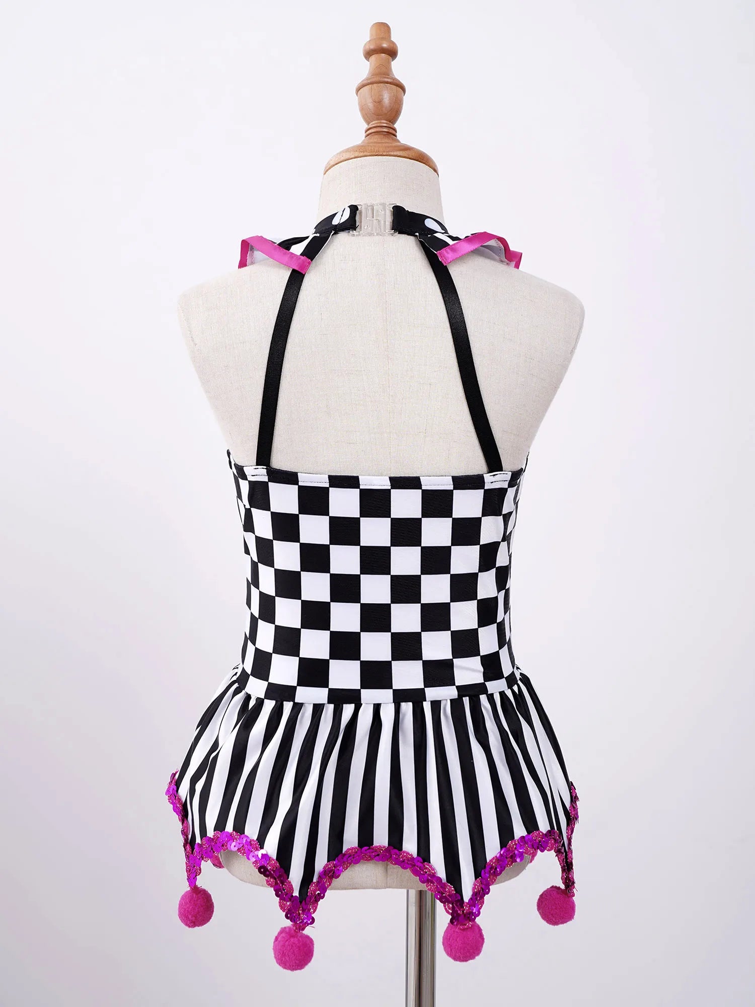 Girls Circus Clown Joker Costume Halloween Costume Black White Grid Pompoms Leotard Tutu - Black B / 14