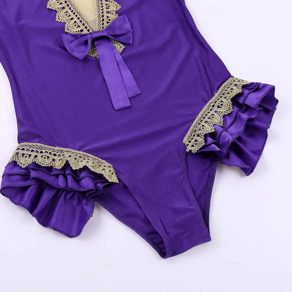 2Pcs Women Showman Costume Halloween Outfit Shiny Satin Cape Top+Sleeveless High Cut - Purple / XXL