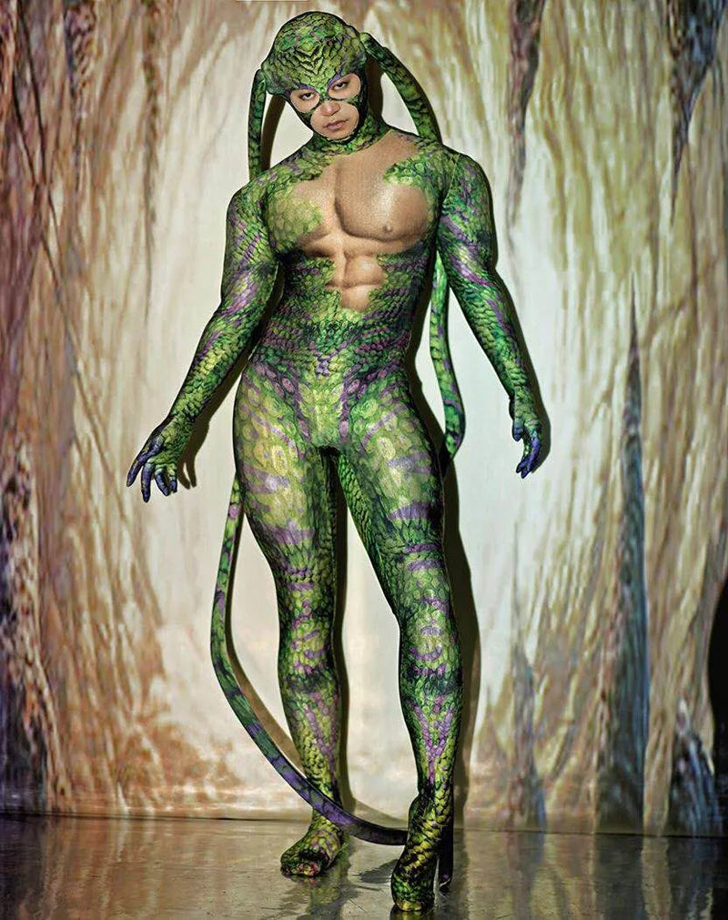 Halloween Rave Stage Green Bodysuit Snake Spandex Stretch Skinny Jumpsuit Men Women - View 5