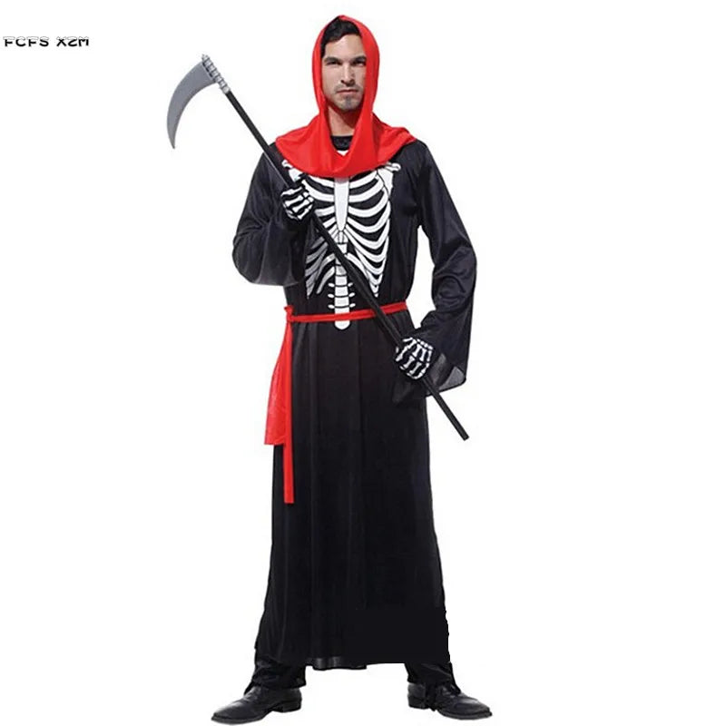 Men's Black Grim Reaper Costume – Hooded Robe, Belt & Gloves