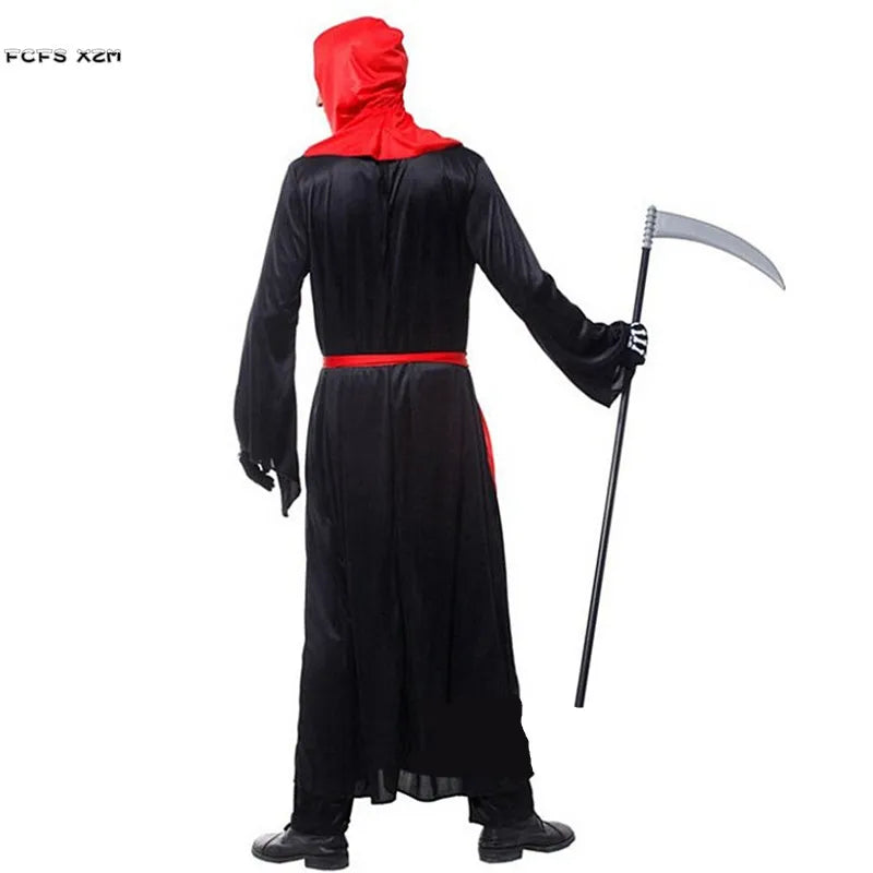 Men's Black Grim Reaper Costume – Hooded Robe, Belt & Gloves