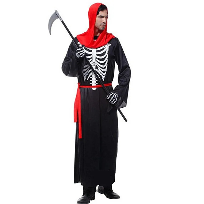 Men's Black Grim Reaper Costume – Hooded Robe, Belt & Gloves