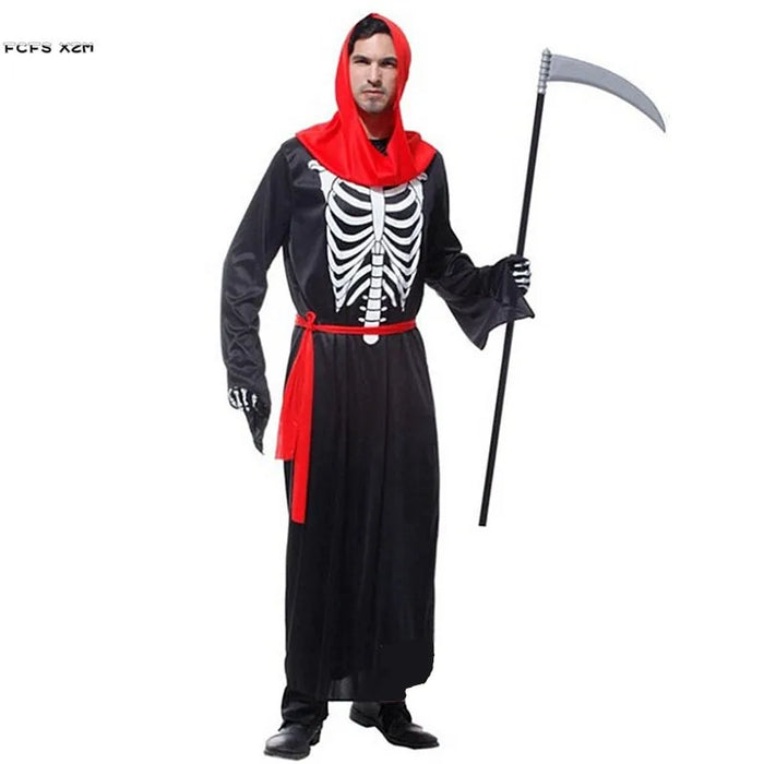 Men's Black Grim Reaper Costume – Hooded Robe, Belt & Gloves