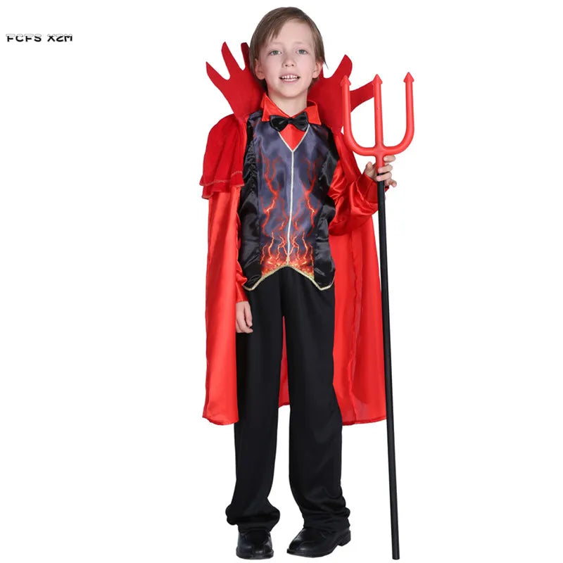 Boys Red Demon Costume – Kids Devil Cloak, Top & Pants
