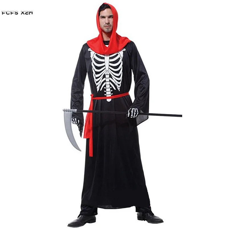 Men's Black Grim Reaper Costume – Hooded Robe, Belt & Gloves