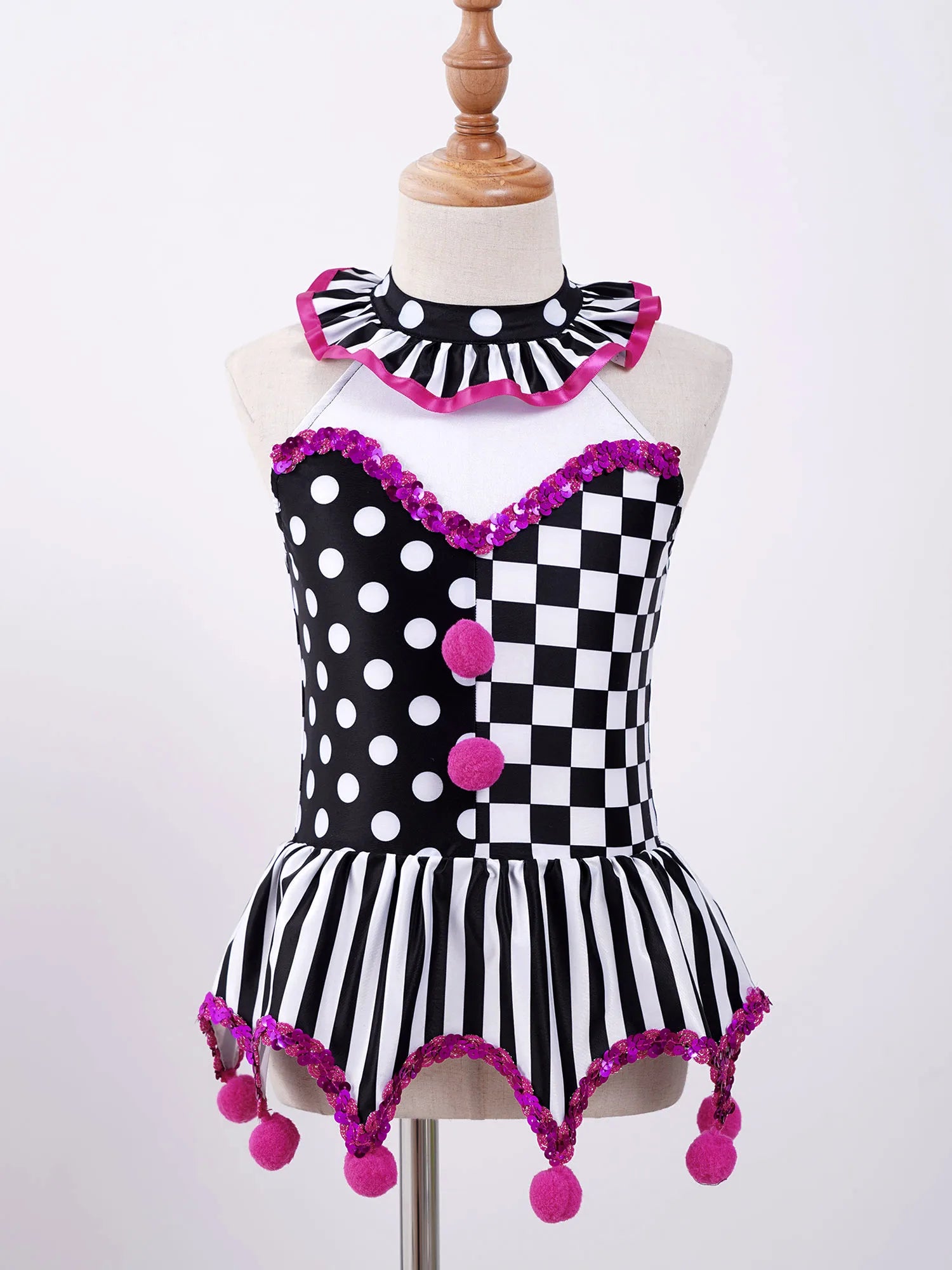 Girls Circus Clown Joker Costume Halloween Costume Black White Grid Pompoms Leotard Tutu - Black B / 16