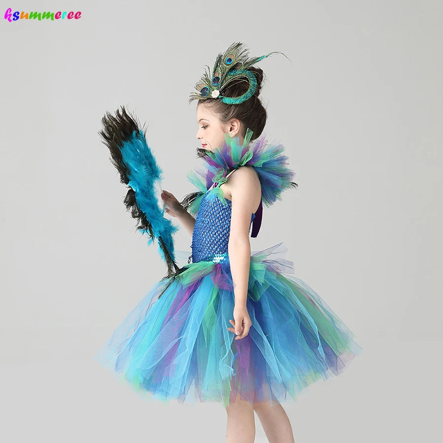 Girls Peacock Tutu Halloween Costume with Feather Clip