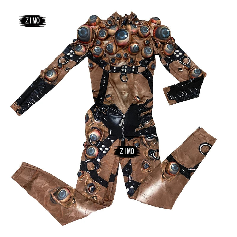Halloween Men Women Horror Costume 3D Eye Novelty Jumpsuit Coat Stretch Rompers Nightclub - jumpsuit and coat / One Size