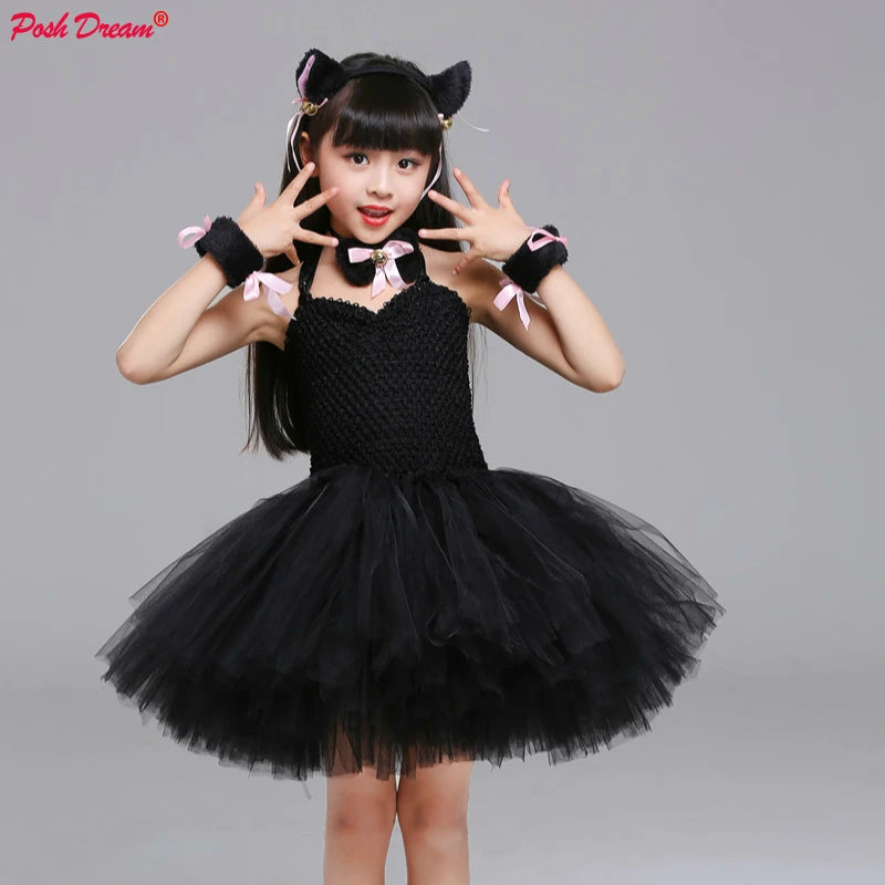 Girls Black Cat Tutu Halloween Costume Dress