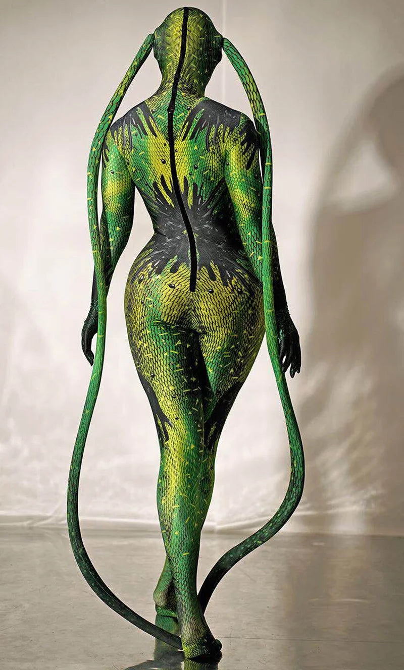 Halloween Rave Stage Green Bodysuit Snake Spandex Stretch Skinny Jumpsuit Men Women - View 3