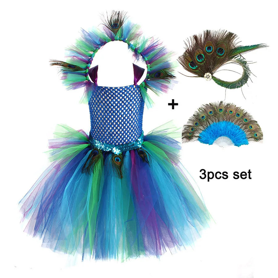 Girls Peacock Tutu Halloween Costume with Feather Clip
