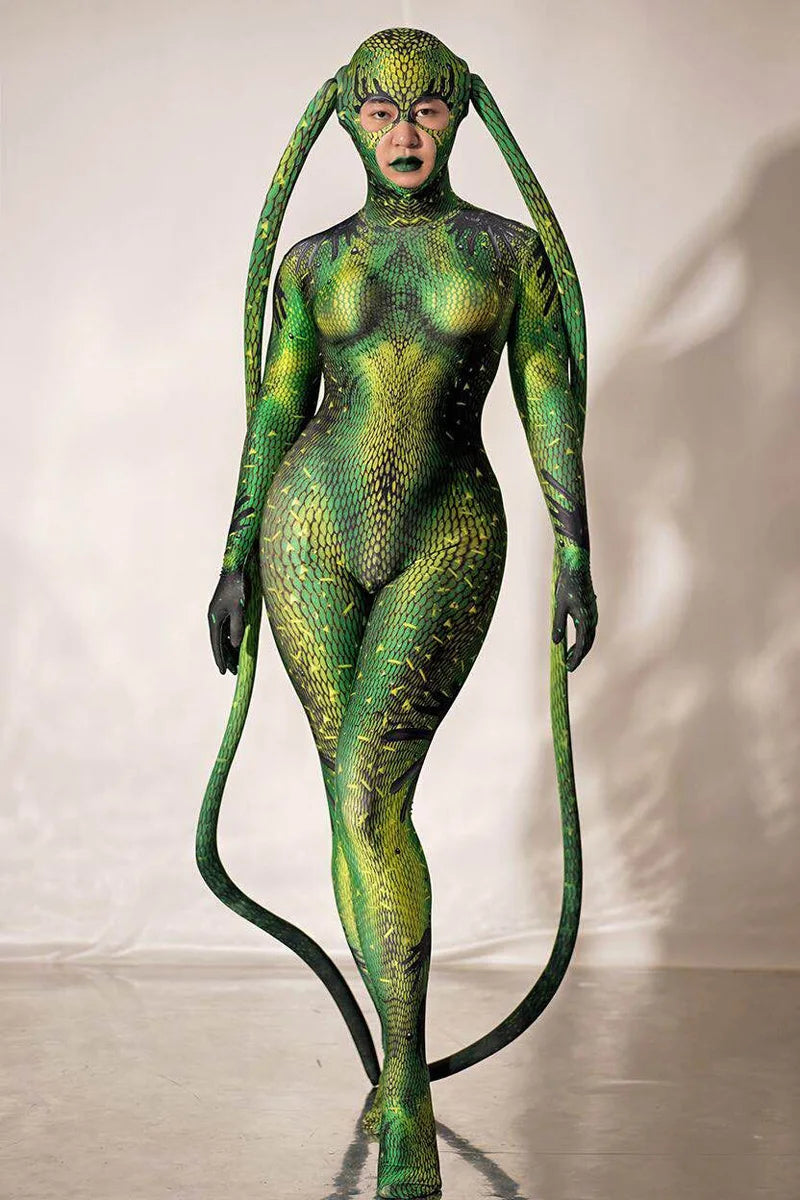 Halloween Rave Stage Green Bodysuit Snake Spandex Stretch Skinny Jumpsuit Men Women - for women
