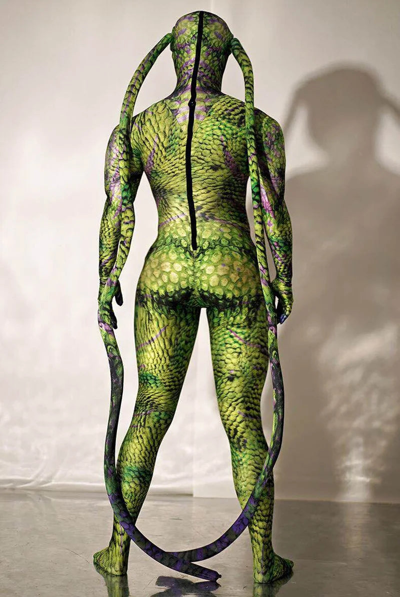 Halloween Rave Stage Green Bodysuit Snake Spandex Stretch Skinny Jumpsuit Men Women - for men