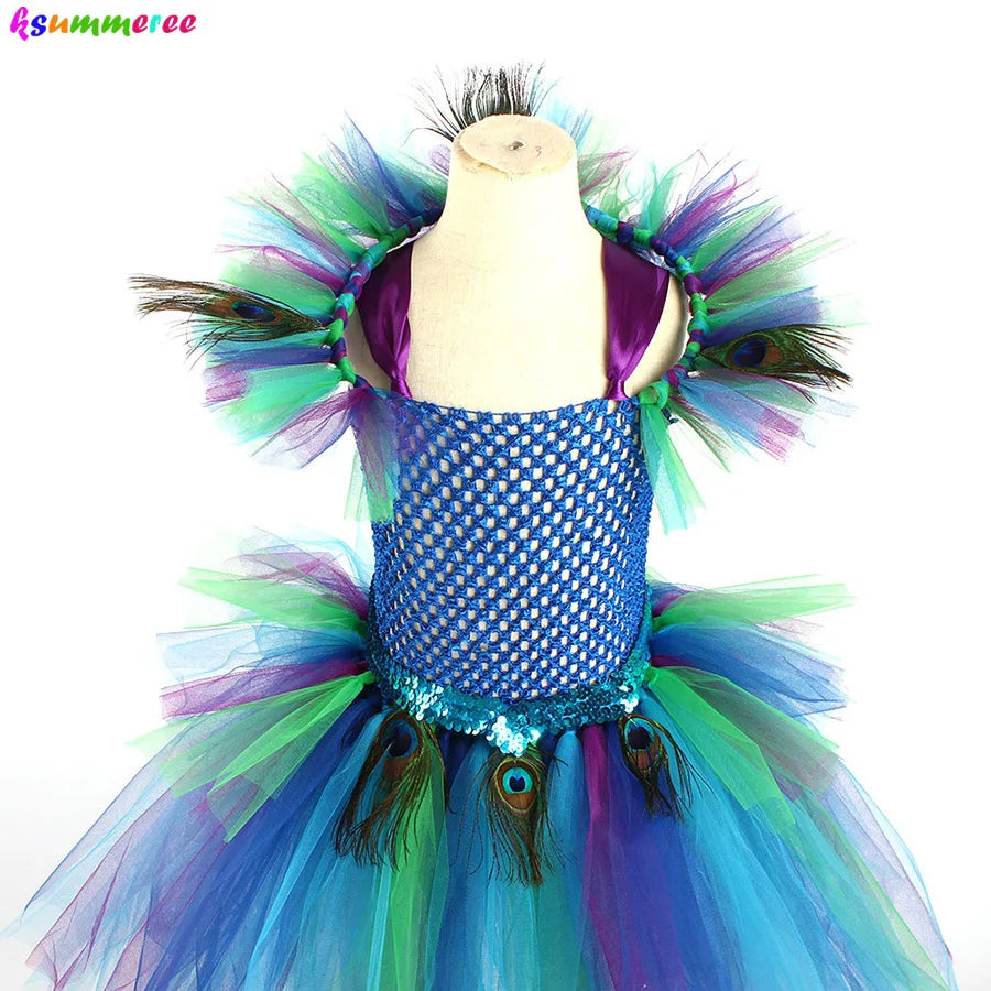 Girls Peacock Tutu Halloween Costume with Feather Clip