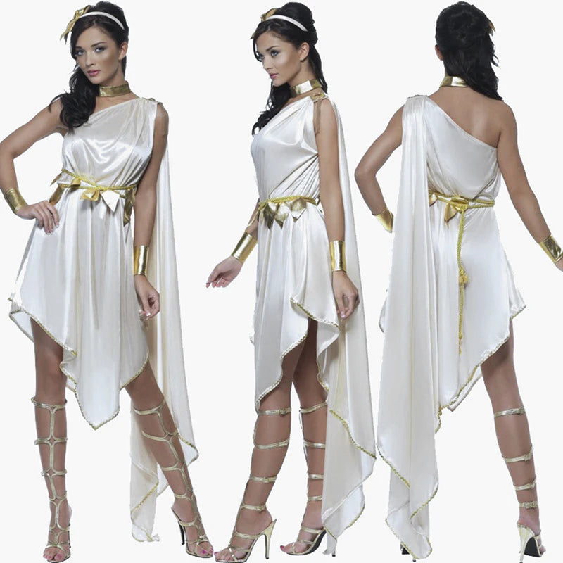 Lady Halloween Ancient Greek Goddess Athena Costume Asymmetrical Egyptian Robe Costume - White / One Size