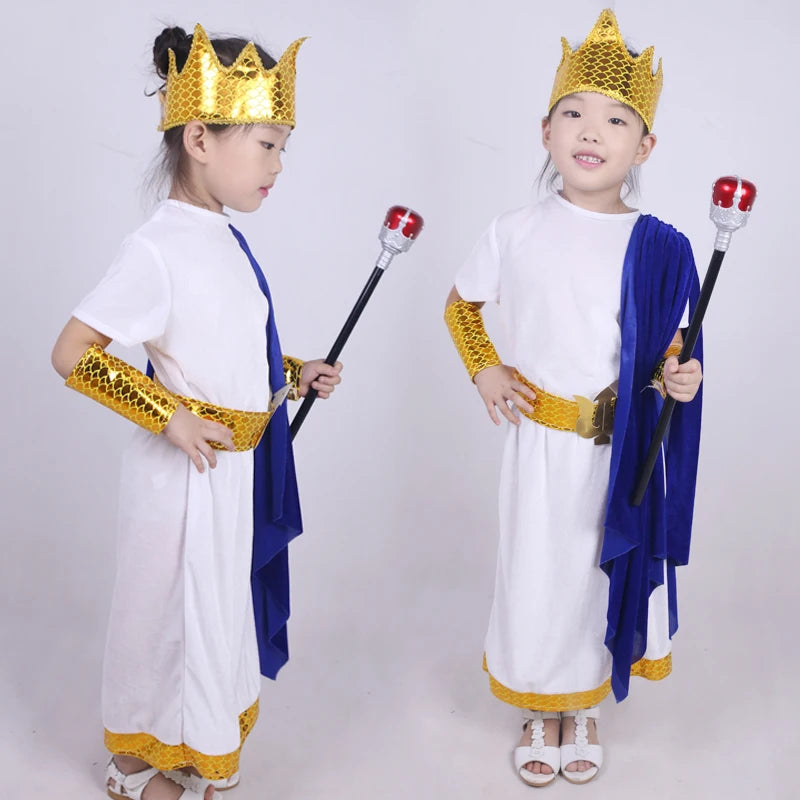 Blue White Greek God Costume Kids Halloween Costume Outfit Sea King Roman Mythology Prince - picture color / XS（old）