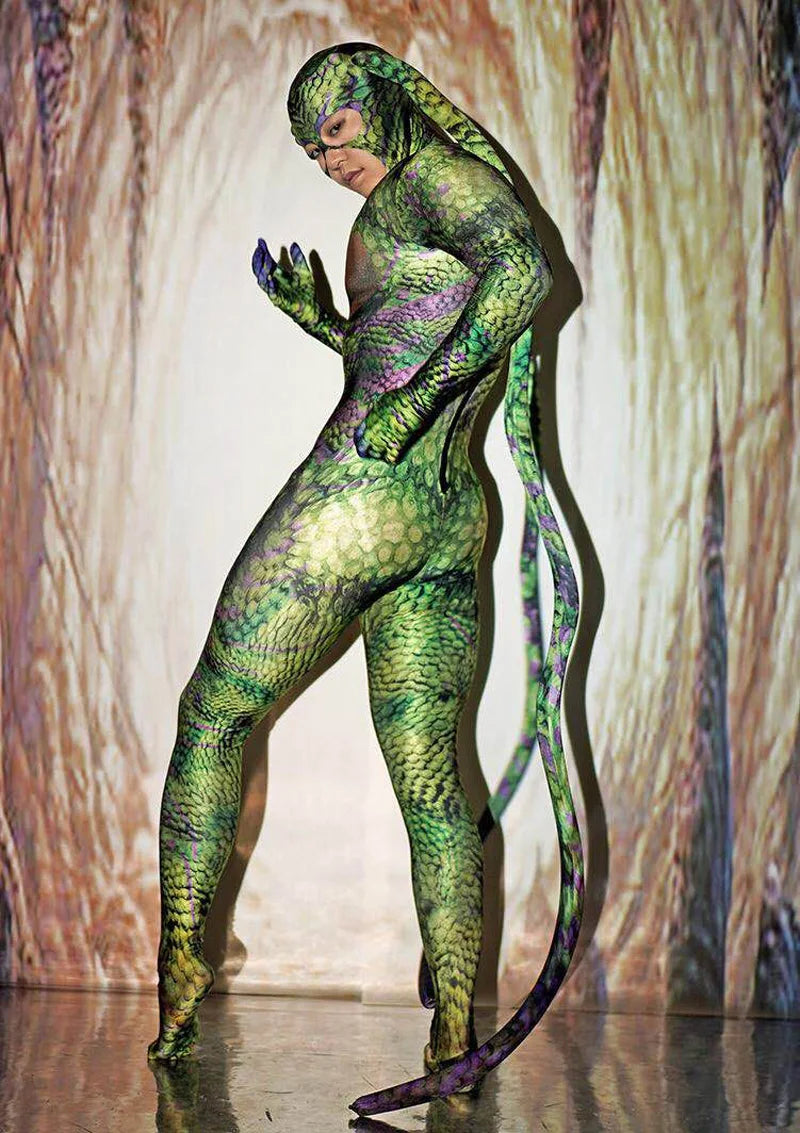 Halloween Rave Stage Green Bodysuit Snake Spandex Stretch Skinny Jumpsuit Men Women - View 4